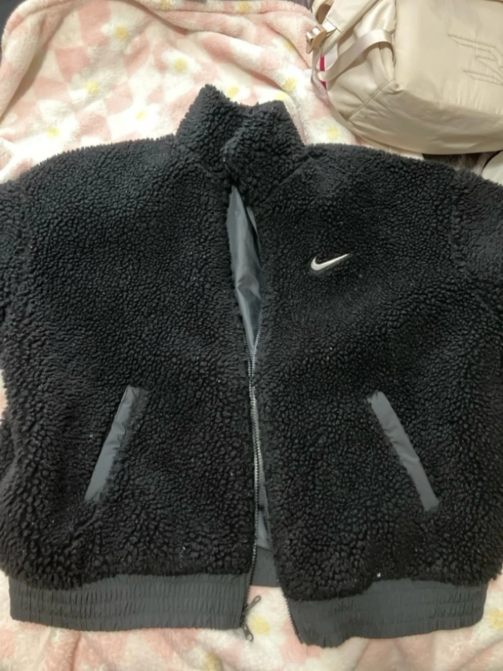 Nike Black Sherpa Fleece Jacket with White Embroidered Swoosh